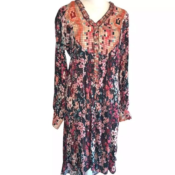 Blank London geo and floral print tunic top hi lo V ruffle neck boho Sz XS - Picture 3 of 11